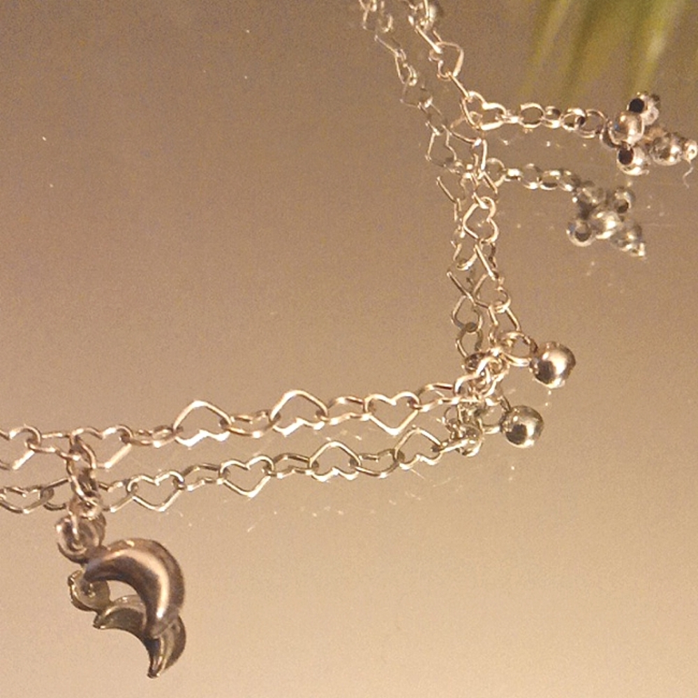 Silver Heart Link Charm Bracelet with Dolphin Accent